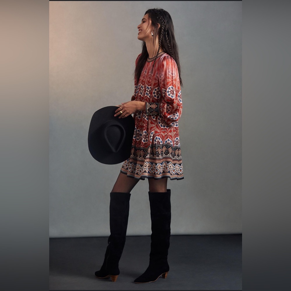 Anthropologie Rust Red Patterned Boho Mini Dress - Picture 2 of 4